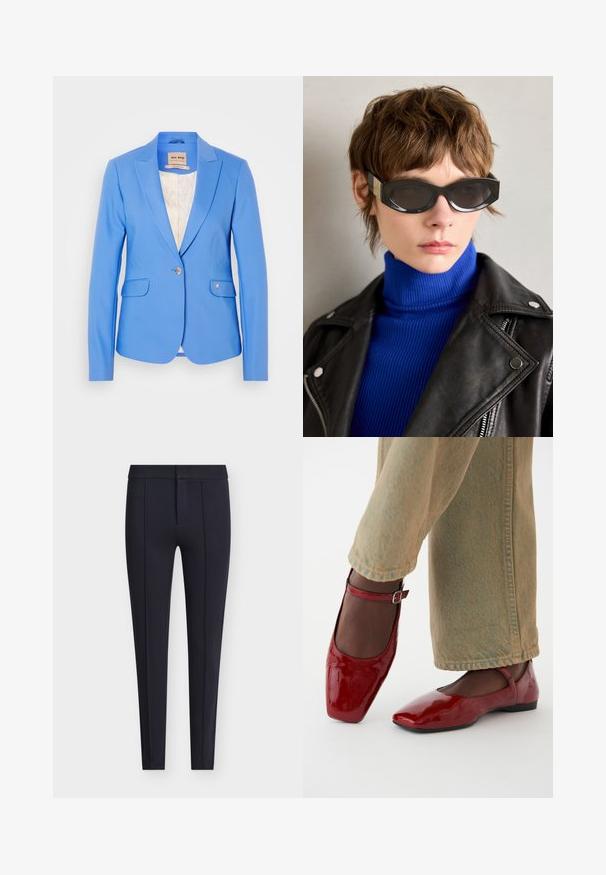 Šviesiai mėlynas švarkas su prigludusia danga, dviem priekinėmis kišenėmis, vieno mygtuko uždarymu ir išklota vidine dalimi su subtiliu raštu.; Balta ilgomis rankovėmis bluzonė, pagaminta iš lygios medžiagos, su kaklu susirišančiu raišteliu ir pritaikytomis rankovėmis. Paprastas, klasikinis dizainas be raštų.; Tamsiai mėlynos, stilingai prigludusios kelnės iš lygios medžiagos, su aptempta siluetu, priekyje esančiomis klostėmis ir slaptu užtrauktuku bei sagos užsegimu.; Raudoni lakinės odos batai su kvadratiniu pirštu, mažu kulnu ir kulkšnies dirželiu, derinami su šviesiai žaliais plačiakulkšniais džinsais. Lygus paviršius, atspindinti struktūra.; Juodi akiniai nuo saulės su apvaliais kraštais ir tonuotais lęšiais. Su auksiniu akcentu ant kojelių. Dėvimi su mėlyna raukinėta golfo tipo palaidine ir odine striuke.