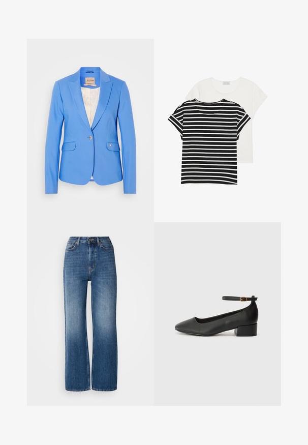 Blazer azul brilhante com um design ajustado, dois bolsos frontais, fecho de botão único e interior forrado com um padrão subtil.; Duas t-shirts: uma preta e branca com riscas e mangas curtas, e uma lisa branca, ambas com um decote redondo e um corte casual.; Jeans de ganga azul de cintura alta e pernas largas com um efeito de lavagem em gradiente, costuras cobre, fecho frontal com botão e cinco bolsos.; Sandal de pele preta com bico pontiagudo e um salto bloco baixo. Apresenta uma tira no tornozelo com uma fivela em tom dourado. Textura suave.