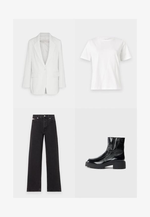White corduroy blazer featuring a notched lapel, single button closure, and two front pockets with a slightly relaxed fit.; White cotton t-shirt with short sleeves, round neckline, and a relaxed fit. Smooth texture, no patterns or accents, minimalistic design.; Black wide-leg jeans made of denim, featuring a high-rise waist, five-pocket styling, and a metal button closure with contrasting stitching.; Black ankle boots with a glossy patent leather finish, chunky black rubber sole, and raised heel; includes subtle logo detail on the side.