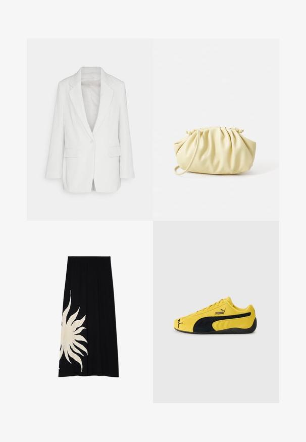Blazer de pana blanca con solapa muesca, cierre de botón único y dos bolsillos frontales, con un ajuste ligeramente relajado.; Never Fully Dressed SOL - Top - black; Falda negra con un gran diseño de sol blanco en un lado, textura suave y forma fluida, adecuada para un uso casual.; Zapatillas de ante amarillas con acentos de ante negro. Presentan una suela texturizada, diseño de cordones y el logo de Puma en el costado y la lengüeta.; Bolso amarillo plisado hecho de cuero sintético suave, con una forma blanda y una sola correa para el hombro, además de un diseño de parte superior recogida.; Pendientes de metal plateado con un diseño ondulado y escultórico, que presentan un acabado pulido y formas irregulares, destacando una estética contemporánea.