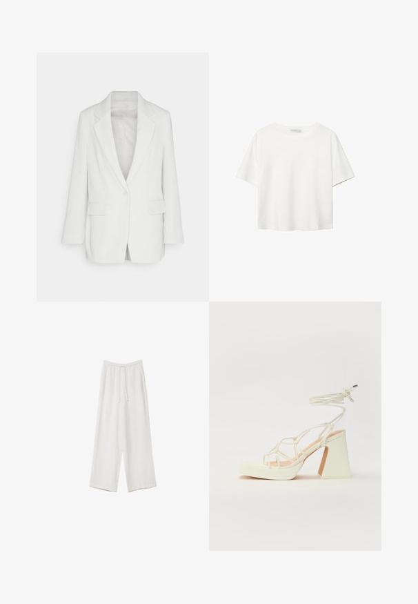 Bela kordna blazer z značilnim elegantom, enojnim gumbom in dvema sprednjima žepoma ter rahlo sproščenim krojem.; Bela kratka majica s kratkimi rokavi iz bombaža. Ima okroglo izrezovanje in sproščen kroj. Gladka tekstura brez vidnih vzorcev ali poudarkov.; Bele široke hlače iz lahkega materiala. Imajo elastičen pas s vrvico in stranske žepe. Gladka tekstura.; Bela sandala na visokih petah s debelim petam, ki ima obliko trakcev in vezanje okoli gležnja. Gladka tekstura z platformo spredaj za dodatno višino.
