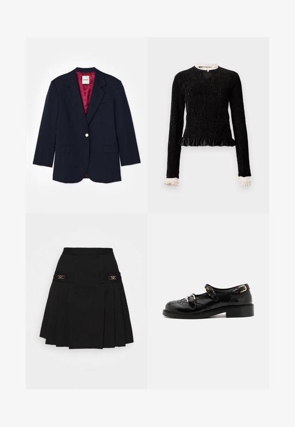 Granatowa marynarka o dopasowanym kroju, z pojedynczym srebrnym zapięciem na guzik, dwoma przednimi kieszeniami oraz czerwonym satynowym wykończeniem. Miękka faktura, skrojony kształt.; Czarny top z długim rękawem, z teksturowanej tkaniny, z falbaną na dolnym brzegu oraz białymi falbankami przy kołnierzyku i mankietach. Posiada centralne zapięcie na pętelkę.; Czarna plisowana spódnica z złotymi akcentami. Posiada boczne kieszenie z logo, wykonana z gładkiego materiału. Sylwetka w kształcie litery A.; Czarne skórzane buty z detalami brogu, z dwoma klamrami, okrągłym noskiem i niskim obcasem. Gładka tekstura z błyszczącym wykończeniem.