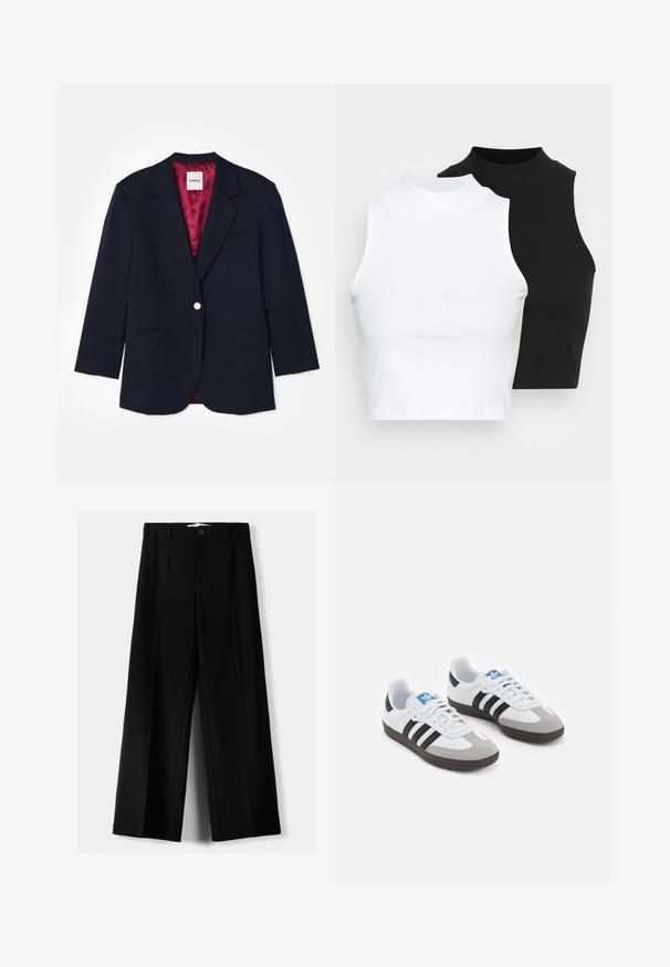 Blazer naval cu un design ajustat, închidere cu un singur buton argintiu, două buzunare frontale și o căptușeală din satin roșu. Textură moale, formă ajustată.; Două bluze fără mâneci, cu guler înalt, în culorile negru și alb, având un design ajustat și o textură netedă, cu o lungime scurtă.; Pantaloni negri cu picior larg, fabricați dintr-un material ușor, cu închidere frontală cu nasture și față plată, având tivuri cusute cu atenție.; Încălțăminte sport cu un superior din piele albă, vârf din suede gri și trei dungi negre. Prezintă un logo albastru pe limbă și o talpă din cauciuc texturat.