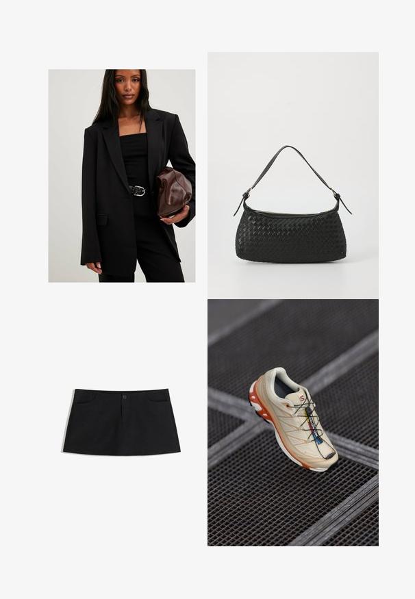 Sort skræddersyet blazer med lange ærmer, klapkrave og forlommer; parret med en sort top, sort bælte og en brun tekstureret clutchtaske.; Grå strikket sweater med lange ærmer, ribbede manchetter og bund. Rund halsudskæring med en afslappet pasform og blød tekstur. Ingen synlige mønstre eller accenter.; Sort, knælang nederdel lavet af blødt stof. Har to frontlommer og en enkelt knaplukning i taljen.; Beige løbesko med orange accenter, designet med en tekstureret overdel, sort ydersål og integrerede snørebånd. Har GORE-TEX branding.; Sort vævet skuldertaske med en glat læderrem og lynlåslukning. Har en tekstureret overflade og en buet form.