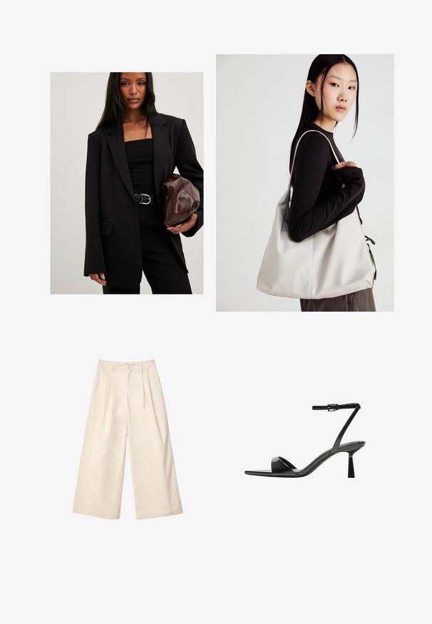 Czarna marynarka dopasowana z długimi rękawami, klapami i przednimi kieszeniami; w połączeniu z czarną bluzką, czarnym paskiem i brązową torebką w fakturze.; Biała koszulka z długim rękawem wykonana z prążkowanej tkaniny, z okrągłym dekoltem i prostym wykończeniem. Prosty, jednolity wzór.; Beżowe spodnie o szerokich nogawkach, wykonane z miękkiego materiału, z wysokim stanem, z fałdami i zapięciem na guzik z przodu. Gładka tekstura i dopasowany krój.; Bershka - Sandały na obcasie; Beżowa torebka wykonana z miękkiego materiału, charakteryzująca się luźnym fasonem, wyszywanymi detalami i dwoma uchwytami na ramię. Idealna na co dzień.