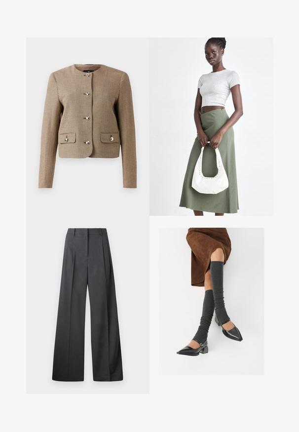 Giacca marrone a scacchi con collare, maniche lunghe, cinque bottoni lucidi e due tasche anteriori con patta. Tessuto strutturato con una vestibilità su misura.; Camicia bianca con bottoni, realizzata in cotone liscio, dotata di un colletto classico, maniche lunghe e orlo curvo. I bottoni sono piccoli e bianchi.; Pantaloni a gamba larga in tessuto grigio scuro, con vita alta, pieghe singole e una texture liscia con una finitura pulita sui orli.; Scarpe nere in pelle verniciata con punta affilata, tacco a blocco e cinturino alla caviglia, abbinate a scaldamuscoli grigi a coste e una gonna in suede marrone.; Top crop a coste grigio e gonna a vita alta verde oliva. Il modello tiene una borsa a spalla bianca con dettagli intagliati. Design semplice, silhouette aderente.