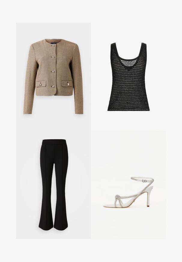 Beige Hahnentrittmuster-Jacke mit Kragen und langen Ärmeln, fünf glänzenden Knöpfen und zwei aufgesetzten Taschen vorne. Strukturierter Stoff mit taillierter Passform.; Schwarzes ärmelloses Tanktop mit lockerem Strickdesign und offenem Gewebe-Muster. U-förmiger Ausschnitt und strukturierter Stoff.; Schwarze, ausgestellte Hose aus einem dehnbaren Material mit glatter Textur, ausgestattet mit Nahtdetails an der Vorderseite für ein zusätzliches Designelement.; Weiße High-Heel-Sandale mit einem strukturierten Riemen, der mit Strasssteinen verziert ist, offener Zehenbereich und Knöchelriemen mit verstellbarer Schnalle.