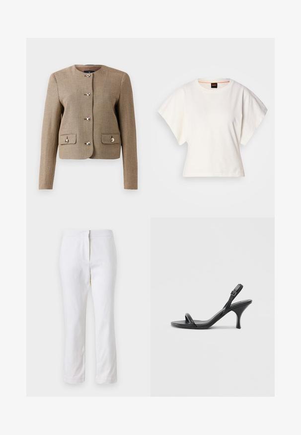 Kaelusega pruun houndstooth-sakkidega jakk pikkae varrukatega, viie läikiva nupuga ja kahe esise flap-taskuga. Tekstureeritud kangas, mis annab hästi istuva lõike.; Valge lühikeste laiadte varrukatega lühike T-särk, pehme puuvillane materjal, ümar kaelus kergelt oranži ääristusega, minimaalne disain, ilma mustrite ja graafikateta.; Valged puuvillased püksid sirge lõikega, keskmise kõrgusega vöökoht ja ilma nähtavate detailide või mustriteta. Ühtlane sile tekstuur.; Mustad nahast kõrgete kontsadega sandaalid, millel on saledad, kõverad kontsad ja ristatud rihma disain. Reguleeritav pahkluu rihm. Sile tekstuur.