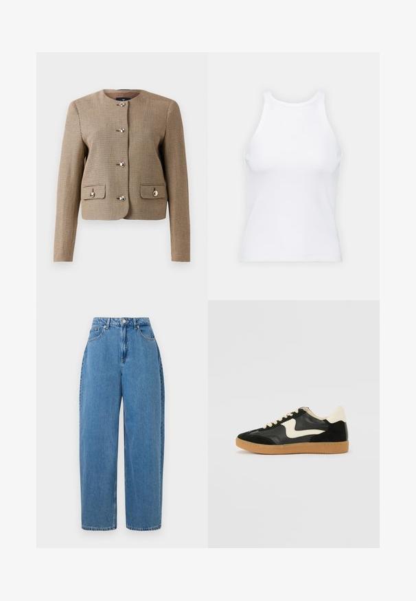 Kravejacket i brunt houndstooth-mønster med lange ærmer, fem skinnende knapper og to frontlommer med klap. Teksturstof med en skræddersyet pasform.; Hvid ærmeløs tanktop lavet af ribbet stof, med en rund halsudskæring og en tætsiddende silhuet, med minimale sømme og ingen pynt.; Lyseblå denimbukser med lige ben, høj talje og lukning med frontknap. Har fem lommer og minimale syninger.; Sorte ruskinds- og lædersneakers med en cremefarvet side-swoosh og lys cremefarvet hæl. Har beige snørebånd og en gummirubber-sål.