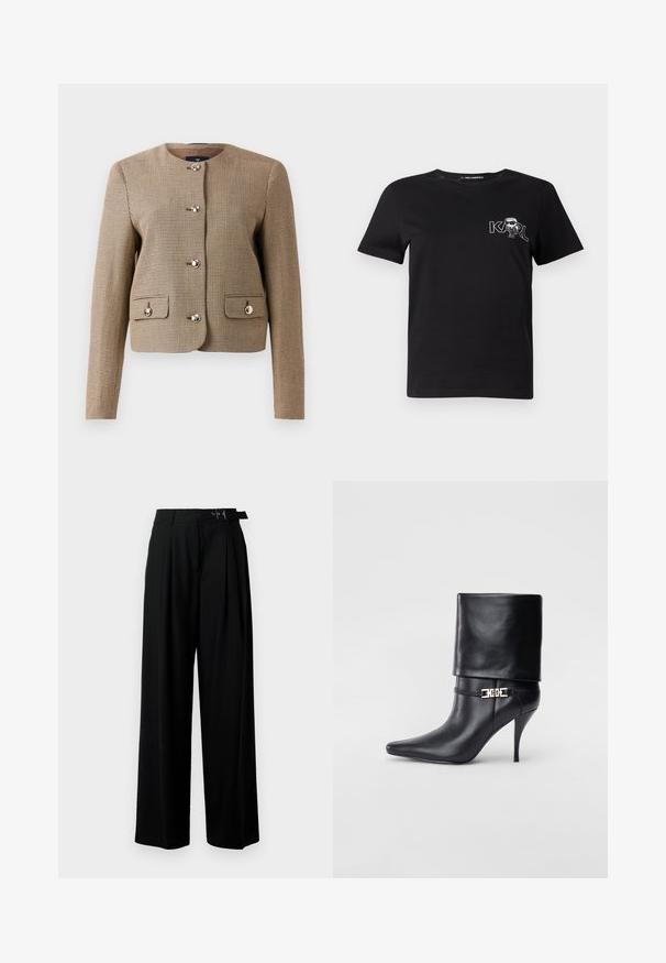 Collared brown houndstooth jacket with long sleeves, five shiny buttons, and two front flap pockets. Textured fabric with a tailored fit.; Black short-sleeve t-shirt made of cotton. Features a white graphic with the text "KARL" and a stylized figure on the chest. Round neckline.; Black wide-leg trousers with a high waist, pleats at the front, and a belt featuring a buckle. Made from smooth, lightweight fabric.; Black leather ankle boot with a pointed toe, high stiletto heel, fold-over cuff, and a gold decorative buckle detail on the ankle.