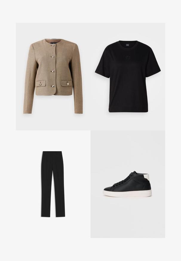Beige Hahnentrittmuster-Jacke mit Kragen und langen Ärmeln, fünf glänzenden Knöpfen und zwei aufgesetzten Taschen vorne. Strukturierter Stoff mit taillierter Passform.; Schwarzes Baumwoll-T-Shirt mit Rundhalsausschnitt, kurzen Ärmeln und aufgesticktem Logo auf der Brust. Einfacher, lässiger Schnitt ohne Muster.; Schwarze maßgeschneiderte Hose mit geradem Bein, ausgestattet mit Fronttaschen und einem glatten, strukturierten Stoff. Saubere, minimale Details.; Schwarze High-Top-Sneaker aus glattem Leder mit weißer Gummisohle, runden Schnürsenkeln, gepolstertem Kragen und kontrastierendem Fersenakzent.