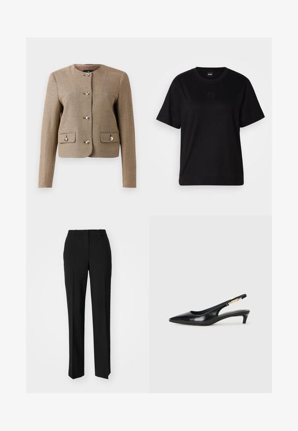 Ovratni rjav plašč v houndstooth vzorcu z dolgimi rokavi, petimi sijočimi gumbi in dvema sprednjima žepoma s klapnicami. Teksturna tkanina s prilagojenim krojem.; Črna bombažna majica s krožnim izrezom, kratkimi rokavi in izvezenim logotipom na prsih. Preprosta, sproščena silhueta brez vzorcev.; Črne krojene hlače s direktnim krojem, ki se ponašajo z gladko teksturo in ostrimi pregibi spredaj. Ni vidne kovine.; Črne usnjene sandale na peto z ostro konico, ki imajo tanko peto in zlat ton na nastavljivem traku. Gladka tekstura.