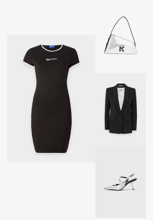 DRYKORN ATLIN - Suknjič - black; Črna oprijeta obleka iz mehkega blaga, z okroglim izrezom in belim robom ter kratkimi rokavi. Poudarjena z belim logotipom na prsih.; Srebrne slingback pete s koničastim nosom, ki se ponašajo s gladkim kovinskim zaključkom, širokim petam in okrasnimi detajli na traku.; Srebrna kovinska torbica s trikotno obliko, črn ramenski trak in embosiran 'K' logo na sprednji strani. Gladka, sijajna tekstura.