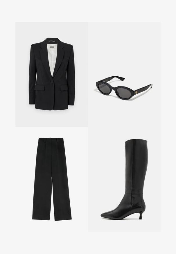 DRYKORN ATLIN - Blazer - black; Hvid bomuld t-shirt med korte ærmer og rund halsudskæring. Har en afslappet pasform og et minimalistisk design uden mønstre eller accenter.; Sorte brede bukser med høj talje, der har to frontfald, bæltestropper og en glat tekstur. Ingen lommer eller synligt metal.; Zign Høje støvler/ Støvler - black; Sorte ovale solbriller med mørke linser og blank plastramme. Har et guldlogo på stykket, hvilket giver et slankt og moderne design.; Sort læder skuldertaske med en glat overflade, der har en tynd, lang rem og en subtil syet detalje ned langs midten.