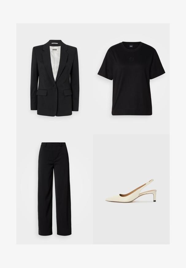 DRYKORN ATLIN czarny; Czarny bawełniany t-shirt z okrągłym dekoltem, krótkimi rękawami i haftowanym logo na piersi. Prosty, luźny krój bez wzorów.; Czarne spodnie z szerokimi nogawkami wykonane z gładkiego materiału, z klasycznym pasem i dopasowanym krojem, wyposażone w kieszenie z przodu.; Sandały na niskim obcasie w kolorze kości słoniowej, z ostrym noskiem i wycięciami, o gładkiej teksturze i minimalnych akcentach.