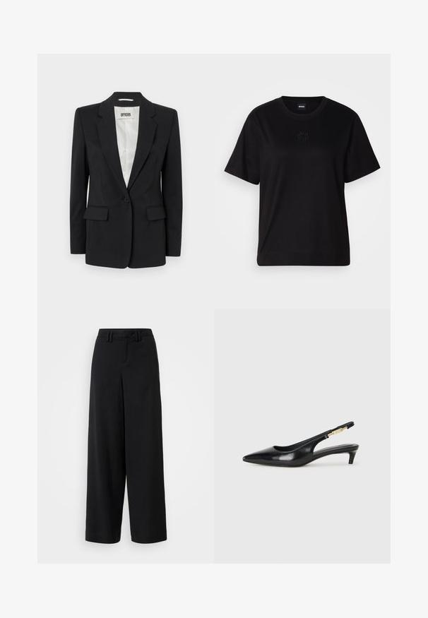 DRYKORN ATLIN - Blazer - black; Maglietta in cotone nera con scollatura tonda, maniche corte e logo ricamato sul petto. Design semplice e vestibilità rilassata senza motivi.; Pantaloni neri a gamba larga realizzati in tessuto morbido, con un design a vita piatta, dettagli plissettati e passanti per cintura in vita.; Tacchi slingback in pelle nera con punta affusolata, caratterizzati da un tacco alto e un accento dorato sulla cinghia regolabile. Texture liscia.