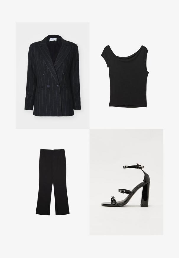 ONLY ONLMARLEY LIFE FIT - Suknjič - dark grey melange/tannin; Črna kratka majica s kratkimi rokavi iz gladkega blaga; ima drapiran izrez in asimetrično spodnjo rob, s prilegnjenim telesom.; Črne hlače ravnega kroja z naglavnimi žepi in stranskimi razporki na robu. Narejene iz mehke, gladke tkanine. Primerne za različne priložnosti.; Črne lakirane sandale s peto, kvadratnim prstom, trakovi okrog gležnja in srebrnimi zaponkami. Opremljene so s stabilno Debelo peto.