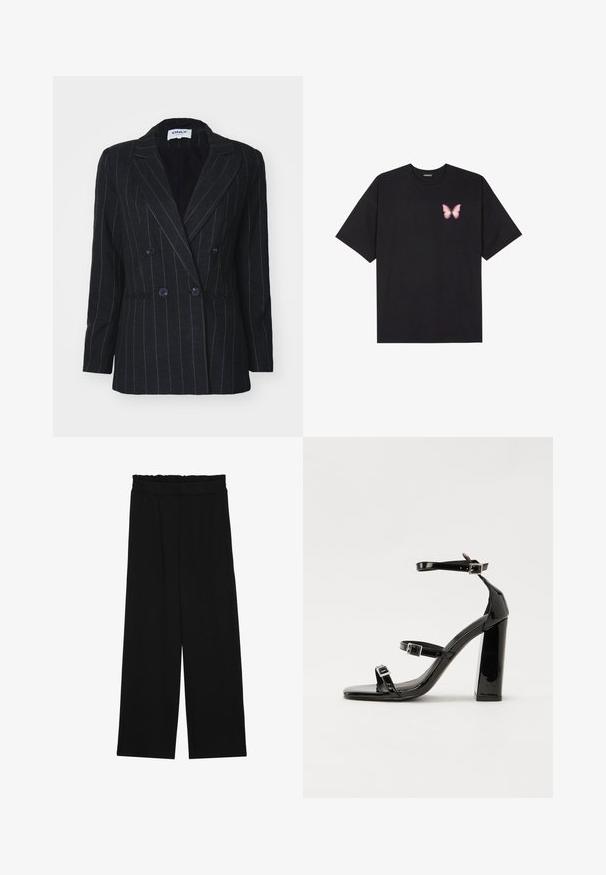 ONLY ONLMARLEY LIFE FIT - Blejzer - dark grey melange/tannin; Čierne bavlnené tričko s krátkymi rukávmi, s malým ružovým motýlikom na ľavej hrudi. Design s okrúhlym výstrihom a uvoľneným strihom.; Čierne široké nohavice s volánovým pásom, obsahujúce dve bočné vrecká a hladký, ľahký materiál. Žiadne viditeľné vzory ani kovové príslušenstvo.; Čierne lakované sandále na podpätku so štvorcovou špičkou, navlečenými remienkami okolo členku a striebornými prackami. Disponujú masívnym blokovým podpätkom pre stabilitu.