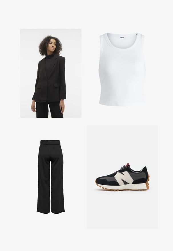 Czarna, dopasowana marynarka z pojedynczym zapięciem na guzik, klapami i dwiema przednimi kieszeniami. Gładki materiał o uporządkowanej strukturze.; Biały prążkowany top na ramiączkach z okrągłym dekoltem, bez rękawów i skróconej długości. Metka z napisem "JJXX." Gładka faktura materiału.; Czarne, szerokie spodnie z elastycznym pasem, wykonane z gładkiego materiału. Charakteryzują się prostym wzornictwem, bez kieszeni i widocznych szwów.; Czarno-szare zamszowe sneakersy z dużym kremowym logo "N", purpurowymi sznurówkami i teksturowaną gumową podeszwą.