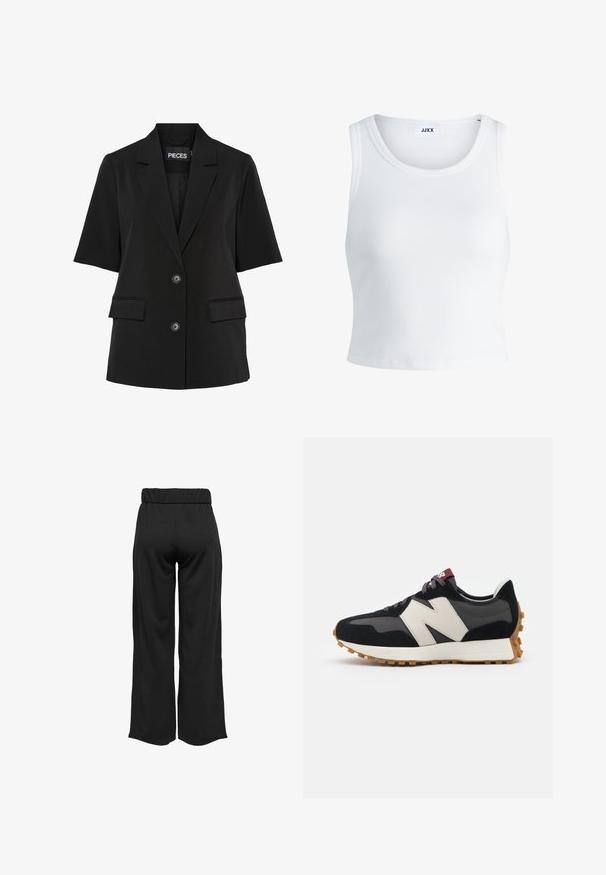 Pieces PCTEMPRE - Sacou - black; Top alb cu detalii texturate, cu guler rotund, fără mâneci și lungime scurtă. Eticheta spune "JJXX." Textură de țesătură netedă.; Pantaloni negri, cu croi larg și talie elastică, realizați dintr-un material neted. Au un design simplu, fără buzunare sau detalii de cusătură vizibile.; Adidași din suede negru și gri cu un mare logo "N" de culoare crem, sireturi purpurii și o talpă din cauciuc texturat de culoare gumă.