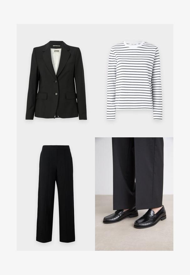 Zwarte blazer met een getailleerd ontwerp, notch-lapels, twee voorkoteletten en een enkele knoopsluiting. Gemaakt van gladde stof.; Langsleeve shirt in witte katoen met zwarte horizontale strepen. Heeft een ronde hals en een relaxte pasvorm. Geen opvallende accenten of patronen.; Zwarte wijde broek van gladde stof, met een platte voorkant, twee verticale naden en een eenvoudig ontwerpen tailleband.; Zwarte leren instappers met een gladde afwerking, gestikte details rond de teen en een lage rubberen zool. Gepaard met brede zwarte broeken.