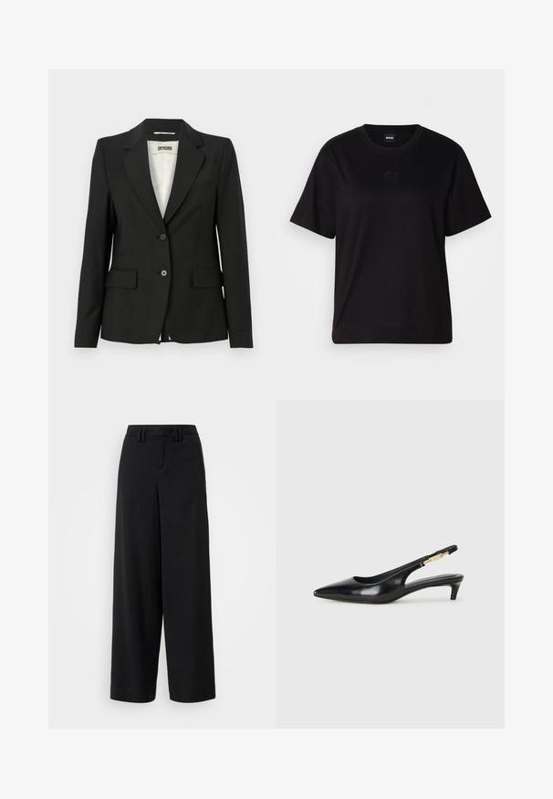 Schwarzer Blazer mit taillierter Passform, mit Reverskragen, zwei vorderen Taschen und einer Ein-Knopf-Verschluss. Hergestellt aus glattem Stoff.; Schwarzes Baumwoll-T-Shirt mit Rundhalsausschnitt, kurzen Ärmeln und aufgesticktem Logo auf der Brust. Einfacher, lässiger Schnitt ohne Muster.; Schwarze weite Hosen aus glattem Stoff, mit einem flachen Frontdesign, gefältelten Details und Gürtelschlaufen am Bündchen.; Schwarze Leder-Slingback-Pumps mit spitzem Schuhblatt, ausgestattet mit einem schlanken Absatz und einem goldfarbigen Akzent am verstellbaren Riemen. Glatte Textur.