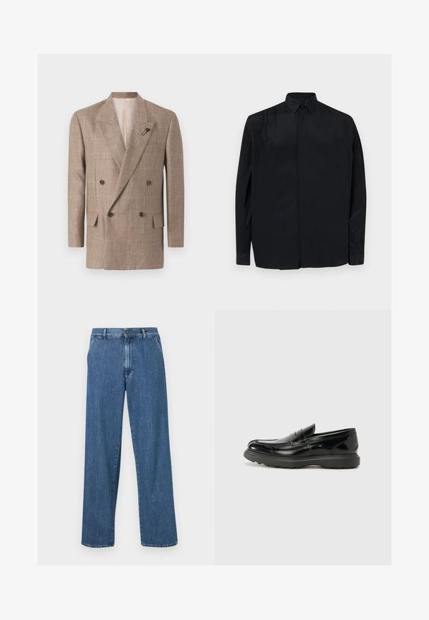 Dvojradový kabát s hnedým károvaným vzorom, veľkými klopami, dvoma prednými vreckami a dekoračnou sponou.; Čierna košeľa s dlhým rukávom vyrobená z hladkej látky, s klasickým golierom, zapínaním na gombíky a voľným strihom s manžetami na rukávoch.; Široké modré džíny z denimu s gombíkovým zapínaním, prednými vreckami a klasickým rovný tvarom s vyblednutým vzhľadom.; Čierne kožené mokasíny s lesklým povrchom, okrúhlou špicou, subtilnými švami a hrubou gumovou podrážkou pre zvýšenú odolnosť.