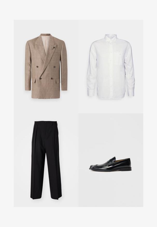 Dvostruko kopčana jakna u smeškom kariranom uzorku, s velikim zupčastim reverima, dvije prednje džepove i dekorativnom iglom kao akcentom.; Duga bijela košulja od pamuka, s kragnom na dugmad, prednjim džepom i regularnim krojem. Teksturirana tkanina s glatkom površinom.; Crne plisirane hlače s ravnim širokim nogavicama. Izrađene od glatkog materijala, s dugmadi za zatvaranje i petljama za remen.; Crne kožne mokasine s glatkom završnom obradom, zaobljenim vrhom, dekorativnim šavovima i niskim uloškom. Nema vidljivog brendiranja.