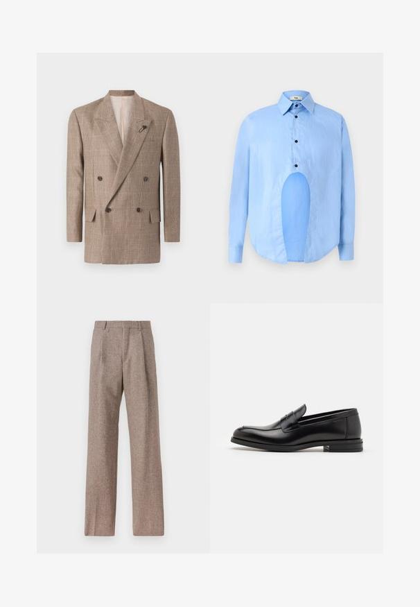 Kétgombos kabát barna kockás mintával, nagy kivágott gallérral, két elülső zsebbel és díszítő tűvel.; Világoskék, hosszú ujjú ing, hegyes gallérral, fekete gombokkal, és egyedi kivágással elöl, amely különleges dizájnt kölcsönöz.; Barna, magas derekú nadrág texturált anyagból. Széles szárai és két elülső redője biztosítja a struktúrát. Ízléses kivitel, látható fémszerelés nélkül.; Fekete bőr loaferek sima textúrával, kerek orral és dekoratív pánttal a vampnál. Alacsony, rétegelt sarkú, minimalista dizájn.
