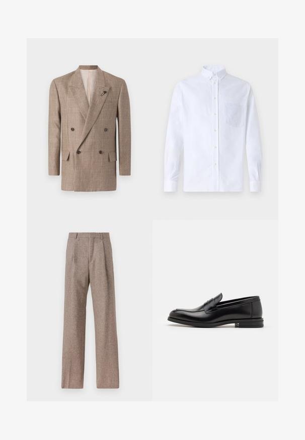 Bundeča jakna v rjavi karirani vzorec, z velikimi izrezanimi ovratniki, dvema sprednjima žepoma in dekorativno zaponko.; Bela dolgo rukava srajca s kragnico, izdelana iz bombaža, z žepom na prsih in toniranimi vezeninami ter gumbi na manšetah.; Rjave hlače z visokim pasom, izdelane iz teksturirane tkanine. Imajo široke noge in dve sprednji pregibi za strukturo. Urejen zaključek brez vidne strojne opreme.; Črne usnjene loafer čevlje z gladko teksturo, zaobljenim nosom in dekorativnim trakom čez zgornji del. Nizka zložena peta, minimalističen dizajn.