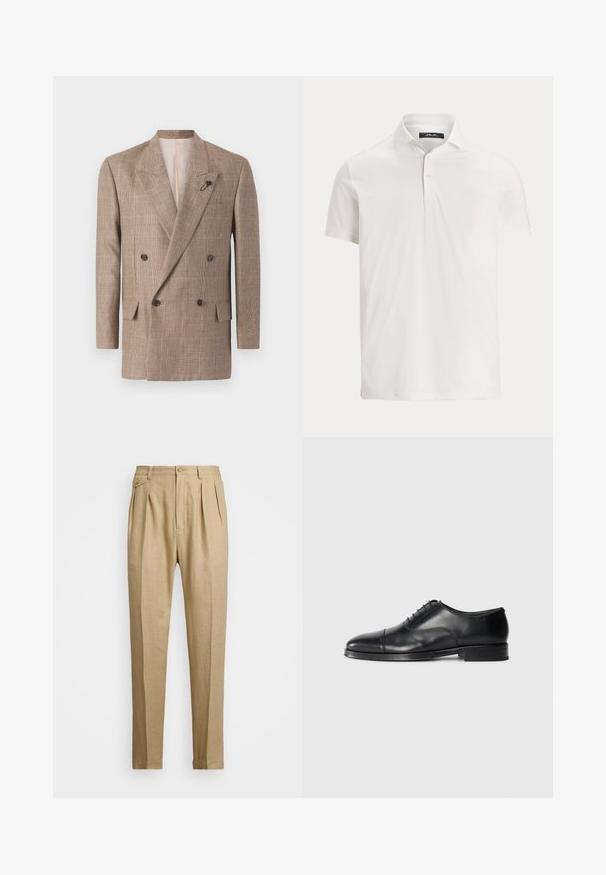 Dviejų eilučių švarkas rudos plaid raštu, su dideliais įpjovos atlapais, dviem priekinėmis kišenėmis ir dekoratyvine smeigė.; Vyriški balti trumpomis rankovėmis polo marškinėliai su apykakle, dviem mygtukais ir subtilia logotipo etikete ant vidinės apykaklės.; Bežinės lininės kelnės tiesaus kirpimo, turinčios dvi priekinės klostes, sagų užsegimą ir šonines kišenes. Tekstūruotas audinys su lygiu paviršiumi.; Juodos odinės suknios bateliai su apvaliu pirštu, lygia tekstūra, raištelių dizainu ir subtilia siūlų detale, turintys žemą, plokščią kulną.