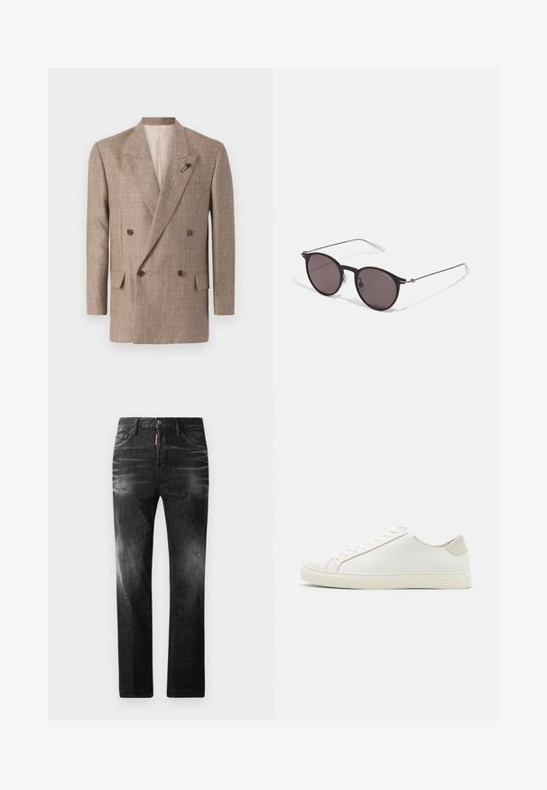 Double-breasted jacket in a brown plaid pattern, featuring large notch lapels, two front pockets, and a decorative pin accent.; Black cotton T-shirt featuring a round neckline, short sleeves, and "EMPORIO ARMANI" logo in white above "Milano" in a curved design.; Black denim jeans with a straight fit. Features faded areas, minor distressing, classic five-pocket design, and a button closure.; White leather sneaker with a smooth surface, round toe, and minimalistic design. Features beige accents on the heel and a rubber sole.; Black round sunglasses with dark lenses and slim metal arms. Includes clear temple tips and silver accents at the hinge. Minimalist design.