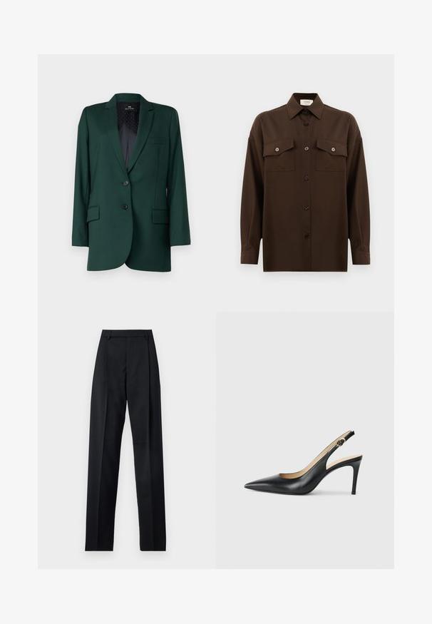 Green tailored blazer made of smooth fabric, featuring a notched lapel, two buttons, and two front pockets with subtle stitching details.; Dark brown long-sleeve button-up shirt with two flap chest pockets and a classic collar, displayed against a plain white background.; Black trousers made from smooth fabric featuring a high waist, wide legs, front pleats, and classic belt loops. No side pockets visible.; Black leather slingback high heels with a pointed toe, adjustable strap, and a sleek stiletto heel, featuring a smooth finish.