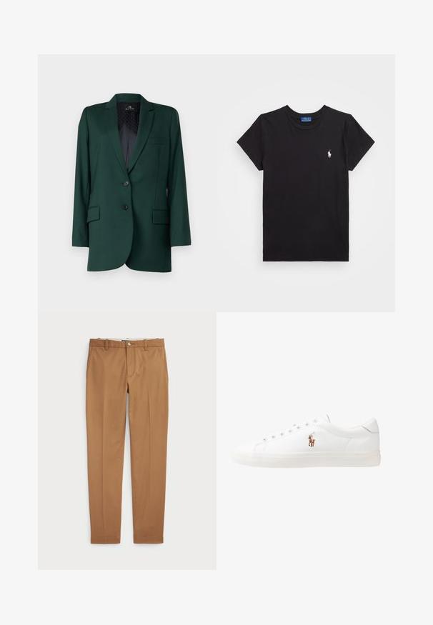 Grön skräddarsydd blazer i ett slätt tyg, med rektangulär krage, två knappar och två framfickor med subtila sömdetaljer.; Svart bomull t-shirt med rundad halsringning, kort ärm och en vit broderad logotyp på vänster bröst. Slät textur, avslappnad design.; Bruna bomullshängslen med en slim-fit-design, platt front och standardfickor; mjuk textur och fållade muddar.; Vita lädersneakers, låg design, med en slät yta, rund tå, snörning fram och en liten broderad logotyp på sidan.