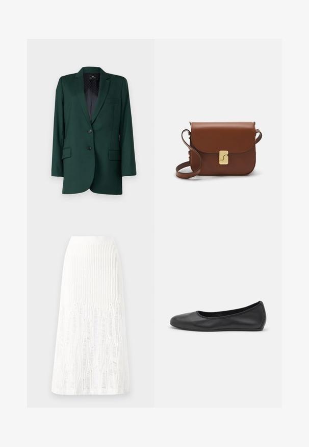 Blazer verde ajustado feito de tecido suave, apresentando lapela com cortes, dois botões e dois bolsos frontais com detalhes de costura subtis.; T-shirt de manga curta branca feita de tecido canelado. Decote redondo, ajuste regular e detalhes de costura subtis. Sem padrões ou gráficos.; Saia midi branca de malha com um padrão texturizado com linhas verticais e detalhes recortados perto da bainha. Cintura elástica. Material suave.; Bailarina preta em pele com bico arredondado, textura suave, detalhe de costura minimalista e design de sola flexível.; Bolsa de couro castanho com fecho de aba, decoração em tom dourado, alça de ombro e textura suave. Formato retangular compacto.
