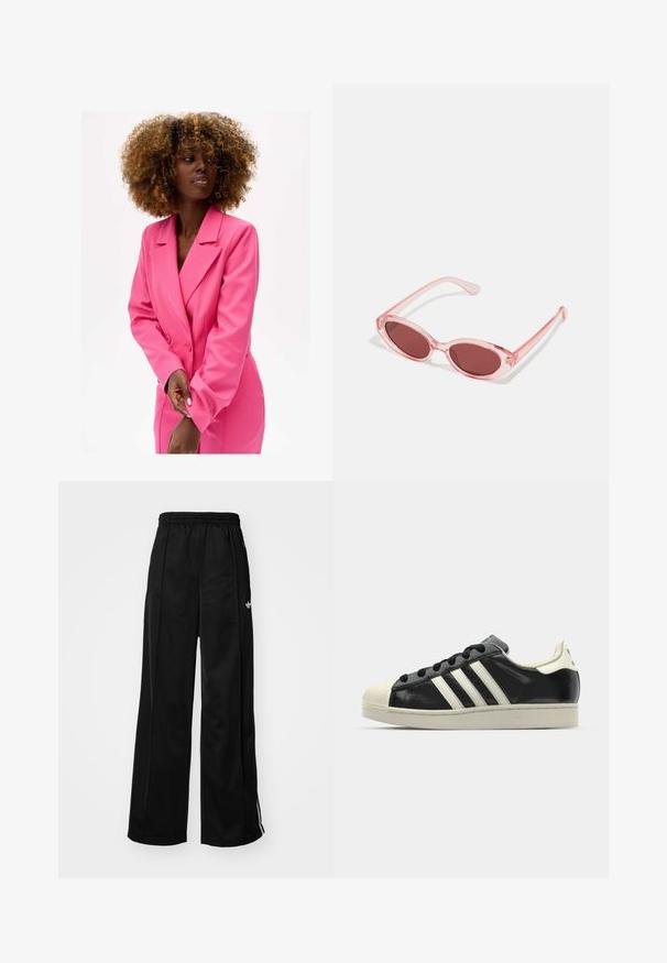 Jasnopinkowy, dopasowany żakiet o podwójnym zapięciu, z wyłogi i szerokimi rękawami. Gładka tkanina i dopasowany krój.; Czarna bawełniana koszulka z krótkimi rękawami z dużą srebrno-brązową grafiką logo Adidas i trzema paskami na przodzie.; Czarne szerokie spodnie dresowe z elastycznym pasem, z białymi paskami po bokach i małym logo na lewym biodrze. Gładka tekstura materiału.; Czarne skórzane trampki z białymi paskami, gumowym czubkiem, czarnymi sznurówkami i kremową podeszwą. Gładka faktura z połyskującym wykończeniem.; Różowe, przezroczyste okulary przeciwsłoneczne z owalnymi soczewkami, ciemnoczerwonym odcieniem i smukłymi ramionami, charakteryzujące się gładkim wykończeniem i subtelnymi detalami na oprawie.