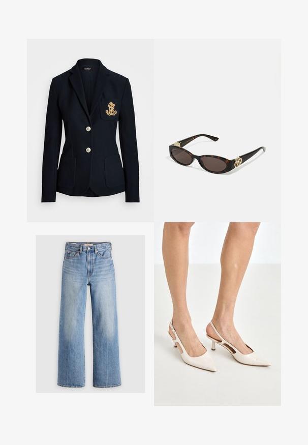 Mornarsko blejzer s prilagojenim krojem, z zlatimi gumbi, dvema sprednjima žepoma in vezenim logotipom na levem žepu. Teksturirana tkanina.; Bela srajca z gumbi, izdelana iz gladkega bombaža, s klasičnim ovratnikom in ravnim robom ter bež gumbi spredaj.; Svetlo modre široke kavbojke z visokim pasom, zbledelimi predeli, petimi žepi in kontrastnim šivanjem. Klasično zapiranje z gumbom in zadrgo.; Bež lakirane usnjene čevlje na peto s koničastim nosom in 5 cm visokim peto, ki imata izrezane stranice in tanko zanko okoli gležnja.; Kornjačaste sunčane naočale s izduženim ovalnim lećama, smeškim tonovima, zlatnim logotipom na drškama i elegantnim crnim rukohvatima.