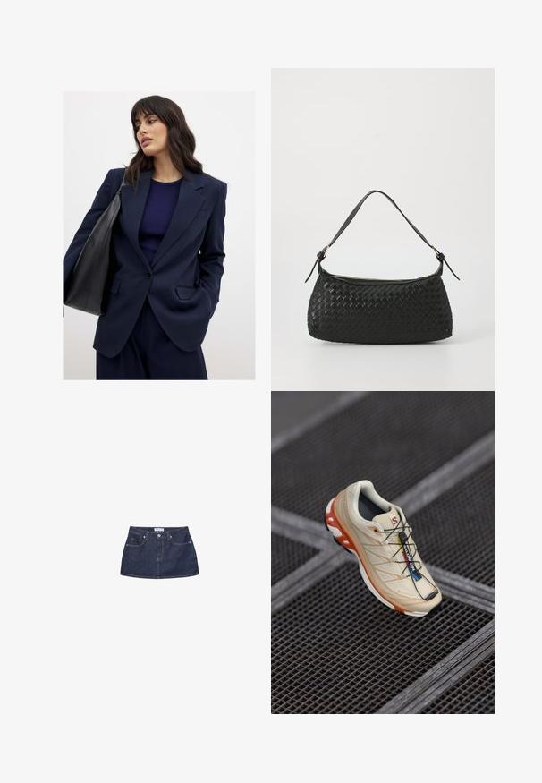 Tummansininen bleiseri terävillä läpillä, yksittäisellä nappisuljennalla ja kahdella etutaskulla. Yhdistetty tumman raidallisen topin ja mustan laukun kanssa.; Harmaa neulepusero pitkillä hihoilla, ribbaus hihansuissa ja helmassa. Pyöreä kaula-aukko, rento istuvuus ja pehmeä pinta. Ei näkyviä kuvioita tai yksityiskohtia.; Tummansininen farkkuhame, jossa on istuva vyötärö, etupockets ja metallinappikiinnitys. Sujuva pinta ja klassinen leikkaus.; Vaaleanbeige juoksukengät, joissa on oransseja yksityiskohtia. Suunniteltu tekstuurilla varustetulla yläosalla, mustalla pohjalla ja integroiduilla nauhoilla. Varustettu GORE-TEX -merkinnällä.; Mustan kudotun olkalaukun, jossa on sileä nahkahihna ja vetoketjukiinnitys. Mahdollistaa teksturoituneen pinnan ja kaarevan muodon.