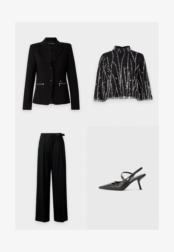 Czarny dopasowany żakiet z jednym guzikiem, srebrnymi zamykanymi kieszeniami i eleganckim fasonem. Wykonany z gładkiego, trwałego materiału.; Czarny krótki top z wysokim dekoltem, zdobiony pionowymi liniami z srebrnych cekinów, z przezroczystymi rękawami oraz fakturowanym materiałem.; Czarne spodnie szerokie w nogawkach z wysokim stanem, z plisami z przodu oraz paskiem z klamrą. Wykonane z gładkiego, lekkiego materiału.; Czarne skórzane sandały na obcasie typu slingback z wydłużonym noskiem, smukłym obcasem i ozdobnym zapięciem na cholewce. Gładka tekstura i elegancka forma.