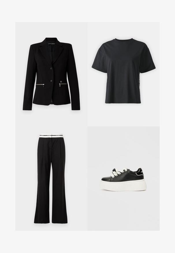 Svart skräddarsydd kavaj med en knappstängning, silverfärgade dragkedjefickor och en stilren design. Tillverkad av ett mjukt, hållbart tyg.; Svart kortärmad t-shirt i bomull med avslappnad passform och kontrasterande sidopanel som har små texter och designdetaljer.; Svarta byxor med avslappnad passform, med en vit elastisk midja med varumärkeslogga. Tillverkade av ett mjukt tyg med en lätt lyster.; Svart lädersneaker med en tjock vit ribbad sula, som har vita skosnören och en dekorativ rosett på tungan.