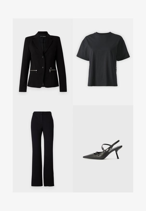 Musthave mustrinda pintsak üheinupulise kinniõmbluse, hõbedaste tõmblukkudega taskute ja voolujoonelise disainiga. Valmistatud siledast ja tugevast kangast.; Must have lühikeste varrukatega puuvillane must T-särk, millel on lõdvestunud lõige ja kontrastne külgpanel, mis sisaldab väikest teksti ja kujunduselemente.; Mustad püksid, millel on sirge lõige, sile tekstuur ja ühe nupukinnitusega vöökoht. Ei ole nähtavaid mustreid ega aktsente.; Must musta slingback kontsad, terava nina, peenike konts ja dekoratiivne pandla detail peal. Sile tekstuur ja stiilne disain.