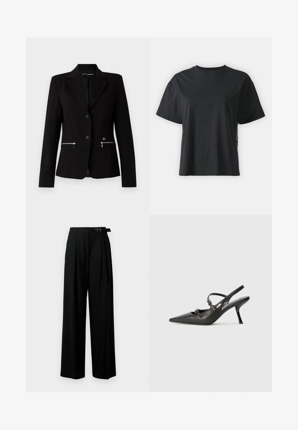 Črn krojen blazer z zapiranjem na en gumb, srebrnimi žepnimi zadrgami in elegantnim dizajnom. Narejen iz gladkega in trpežnega materiala.; Črna bombažna majica s kratkimi rokavi, sproščenega kroja z kontrastnim stranskim panelom, ki vsebuje majhne besedilne in oblikovne podrobnosti.; Črne široke hlače z visokim pasom, gubami spredaj in pasom z zaponko. Narejene so iz gladkega, lahkega materiala.; Črne usnjene sandale na peto s koničastim nosom, vitko peto in okrasno zaponko na sprednjem delu. Gladka tekstura in eleganten dizajn.