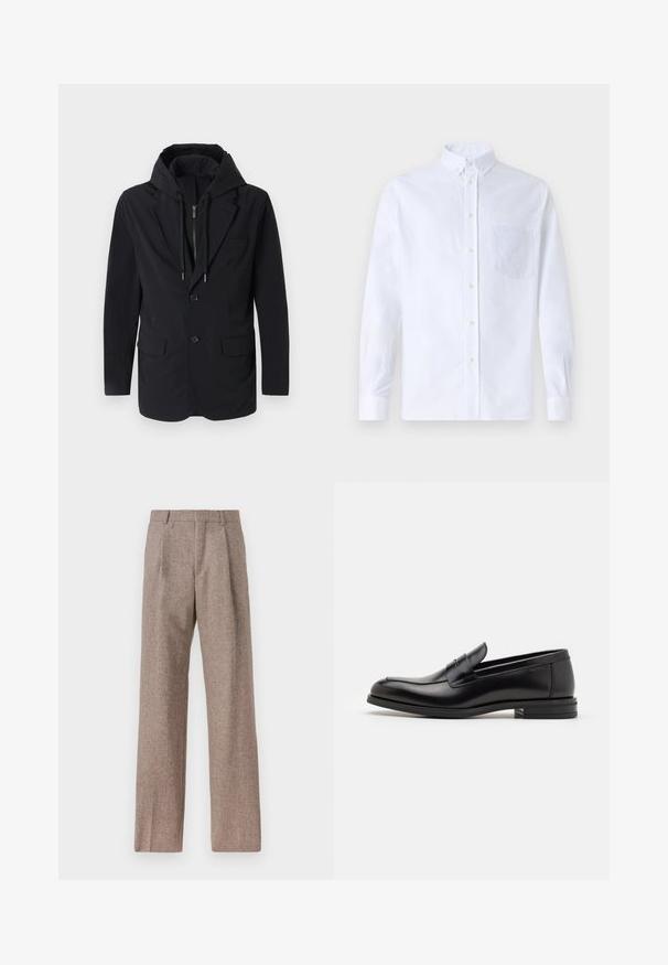 Melnā hibrīdjakā ar kapuci. Iespējas ietver divas priekšējās kabatas, vienu pogu aizdari un gludu tekstūru. Iebūvēta kapuce ar rāvējslēdzēju.; Balts garo piedurknēm krekliņš ar pogām, izgatavots no kokvilnas, ar krūšu kabatu ar tonālu izšuvumu, apkakli un pogām pie piedurknēm.; Brūni, augstos šortos izgatavoti no teksturēta auduma. Iezīmē plašas kājas un divas priekšējās krokas, kas nodrošina struktūru. Kārtīga apdare bez redzamām detaļām.; Melnas ādas kurpes ar gludu tekstūru, noapaļu purngalu un dekoratīvu siksniņu pāri priekšpusei. Zems sakrauts papēdis, minimālisma dizains.