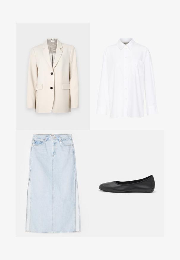 Simább szövetből készült bézs blézer, amely hegyes hajtókával, két elülső zsebbel és két fekete gombbal rendelkezik. ; Fehér, hosszú ujjú, galléros ing, amely pamutból készült. Gombos elülső része és egyetlen mellzsebe van. Simított textúra, laza szabás.; Világoskék farmer maxi szoknya egyenes szabással, oldalsó hasítékokkal és öt zsebes kialakítással. Kiemelkedő varrás és fém gombos zárás.; Fekete bőr balettcipő lekerekített orral, sima tekstúrával, minimális varrással és rugalmas talp kialakítással.