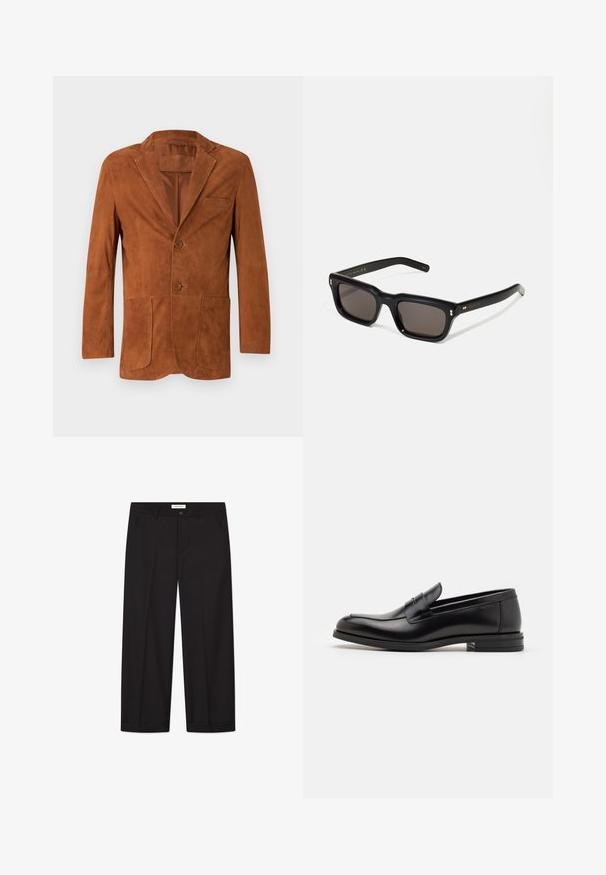 Brown suede blazer with a notched collar, two front pockets, and two buttons, featuring a smooth texture and tailored fit.; White cotton sleeveless tank top with a round neckline, featuring a smooth texture and a fitting shape, designed for casual wear.; Black wide-leg trousers made of smooth fabric. Features a button and zipper closure, two front pockets, and a crisp hem finish.; Black leather loafers with a smooth texture, rounded toe, and a decorative strap across the vamp. Low stacked heel, minimalist design.; Black rectangular sunglasses with dark lenses, thick plastic frame, gold accents on temples, and brand logo engraved on the arm.