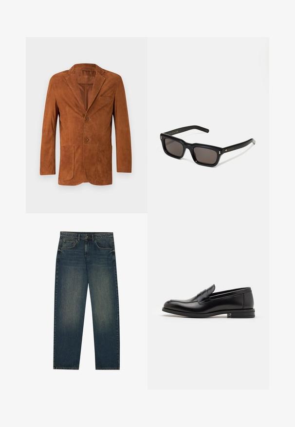 Brown suede blazer with a notched collar, two front pockets, and two buttons, featuring a smooth texture and tailored fit.; White ribbed tank top featuring a silver chain graphic with two dog tags displaying text: "HATE" and "COMPASSION."; Dark blue denim jeans with a straight cut, five pocket design, and a slight faded texture on the legs. Suitable for casual wear.; Black leather loafers with a smooth texture, rounded toe, and a decorative strap across the vamp. Low stacked heel, minimalist design.; Black rectangular sunglasses with dark lenses, thick plastic frame, gold accents on temples, and brand logo engraved on the arm.