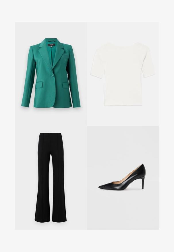 Teal blazer met een notch-kraag, enkele knoopsluiting, twee voorzakken en een gladde textuur. Tailored fit met een modern ontwerp.; Witte ribben top met korte mouwen en een brede hals. De textuur heeft verticale strepen, die een snug fit en eenvoudig ontwerp benadrukken.; Zwarte flared broeken met een hoge taille, gemaakt van rekbaar materiaal. Bevat verticale naden aan de voorkant en heeft een gladde textuur.; Zwarte leren hoge hakken met een spitse neus, slank silhouet en een gladde textuur. Beschikt over een dunne hak en een lage uitsnijding aan de zijkanten.