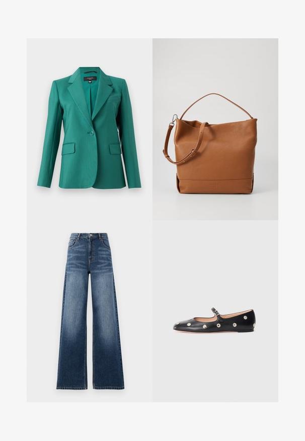 Blazer teal con solapa muescada, cierre de un botón, dos bolsillos frontales y textura suave. Ajuste entallado con un diseño moderno.; Camiseta blanca sin mangas con un diseño de escote en V, tirantes finos, acentos de encaje texturizado en los hombros y un dobladillo curvado. Textura de tela suave.; Jeans de mezclilla de pierna ancha en azul medio, con una cintura alta, detalles de desgastado y un diseño clásico de cinco bolsillos con acentos de costura.; Zapato plano tipo Mary Jane de cuero negro con punta redonda, adornado con tachuelas circulares plateadas y una correa ajustable con hebilla.; Bolso de hombro de cuero marrón claro con una textura suave, que presenta una única correa ajustable y un diseño relajado. Branding simple en la parte frontal.