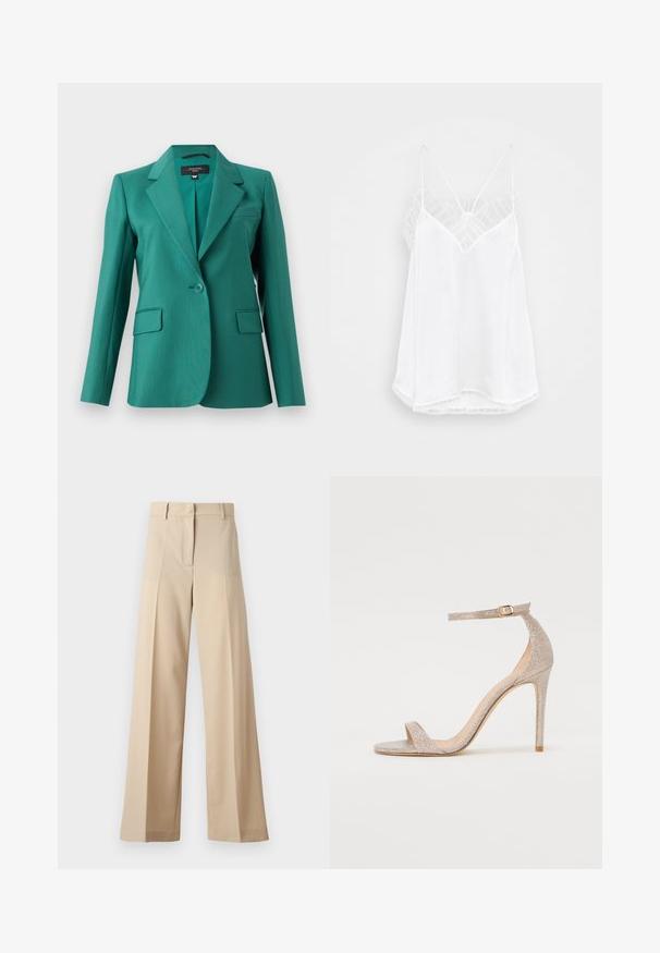 Tumesinine bleiser, millel on lõhega krae, ühekohaline seotud, kaks esistaski ning sile tekstuur. Kohandatud sobivus ja kaasaegne disain.; Valge kampsun V-kujuga kaelusega, õhukeste rihmadega, õlgadel tekstuuriga pitsaktsentidega ning kumerate äärtega. Sile kanga tekstuur.; Kreemikad laiad püksid, mis on valmistatud siledast kangast, millel on tasapinnaline esiosa koos voldikutega, lukuga esiosa ja vöökohale silmused. Üldine puhas istuvus.; Stiilipete kõrge kontsaga sandaal metallik roosi kuldse värviga, millel on tekstureeritud ülemine osa, avatud varvas ja pahkluu rihm, millel on kuldne klamber.