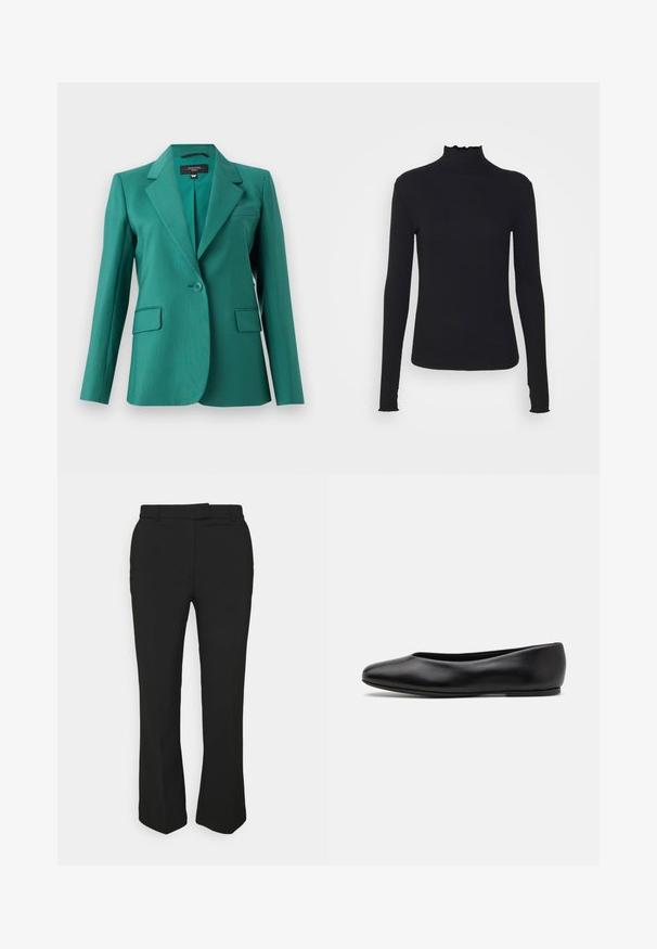 Turkusowa marynarka z klapami, jednopalczastym zapięciem, dwoma przednimi kieszeniami i gładką fakturą. Dopasowany krój z nowoczesnym designem.; Czarny, długi rękaw, golf z gładkiego materiału, z falbaniastym kołnierzem i dopasowanym krojem z prostymi brzegami.; Czarne, dopasowane spodnie o prostym kroju, z pętelkami na pasek i kieszeniami po bokach. Wykonane z gładkiego materiału o czystym wykończeniu.; Paul Smith TOPANGA czarny